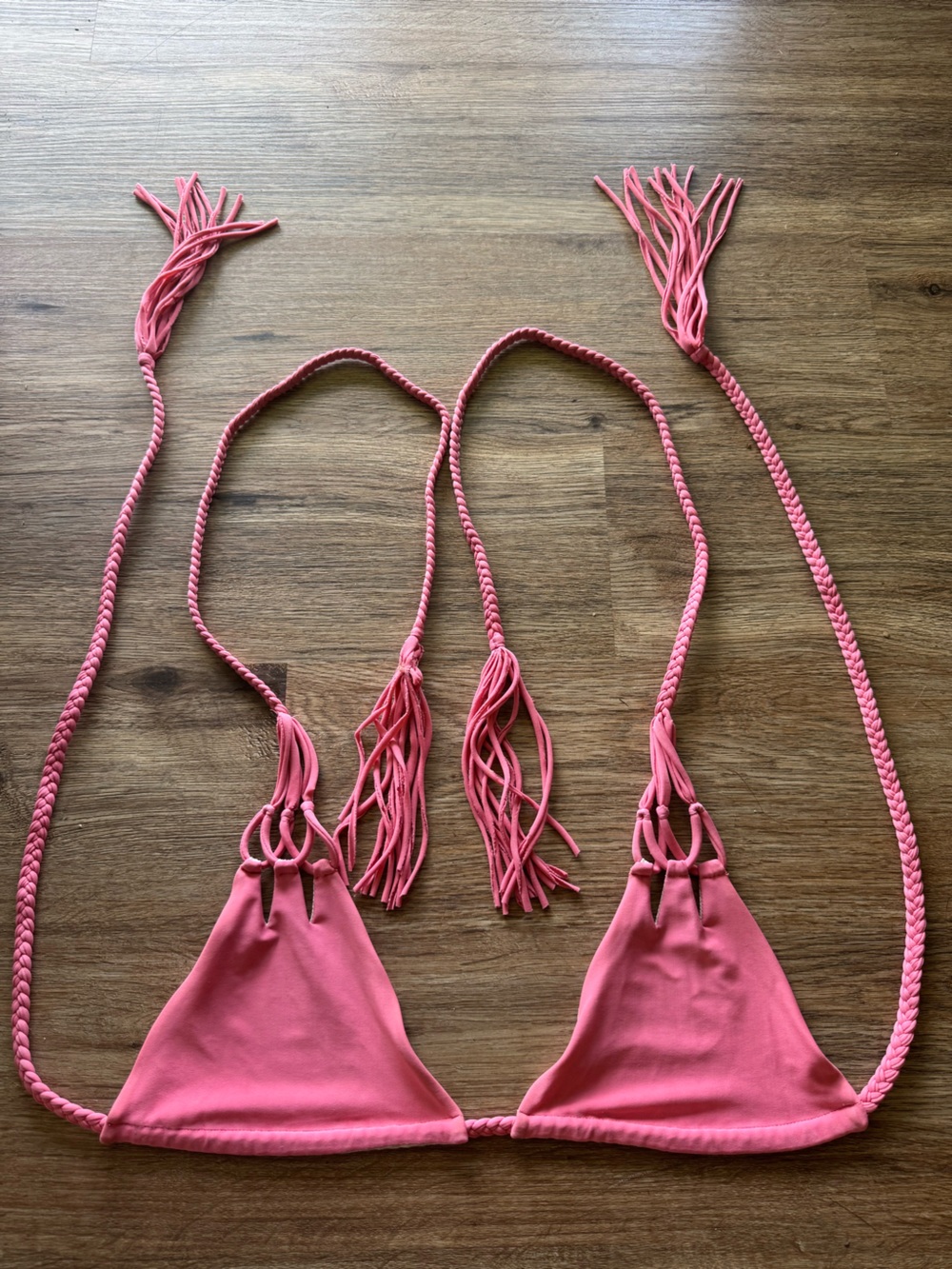 Acacia Swimwear Coral Pink Braided Tassel Triangle Bikini Top. Size Large